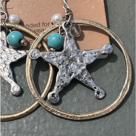 ❌SOLD❌ TWO Earrings Star & Turquoise beads Silver Copper tone twist wire NWT - Picture 6 of 7